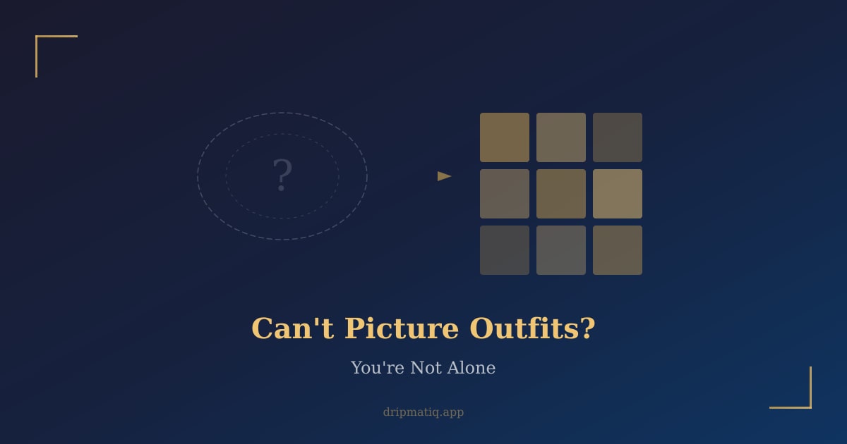 Abstract thought bubble dissolving into a grid of wardrobe thumbnails, dark gradient with gold highlights