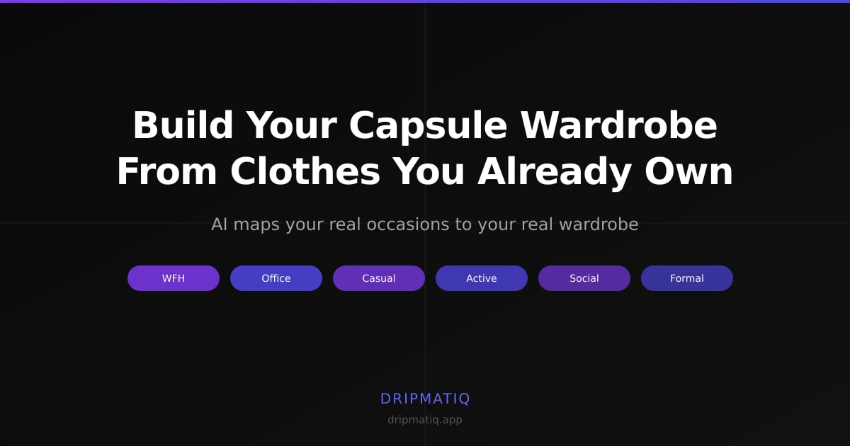 A phone screen showing outfit combinations mapped to different occasions — WFH, casual, dinner — all generated from real wardrobe pieces