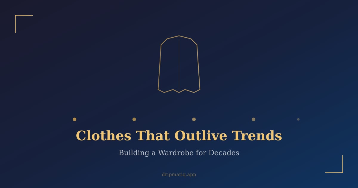 Elegant garment silhouette against a timeline stretching into the distance, dark navy background with gold accents