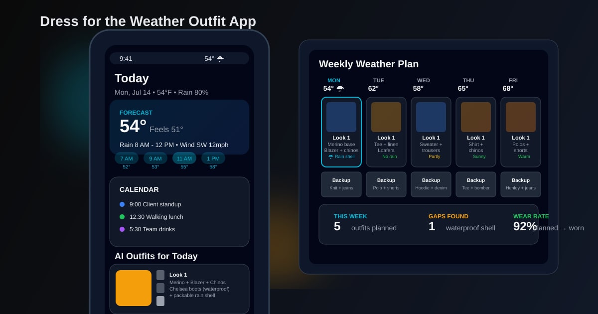 Mobile app screen showing today's weather, calendar events, and three AI-generated outfit recommendations from user's digital closet