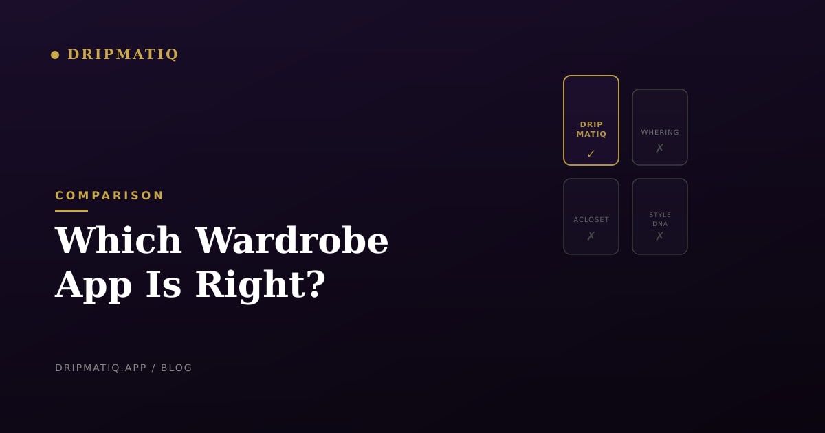 Side-by-side comparison cards for Dripmatiq, Whering, Acloset, and Style DNA wardrobe apps