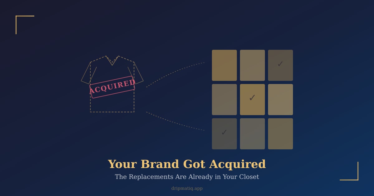 A beloved garment unraveling into a grid of replacement pieces from an existing closet, dark navy background with gold thread connections