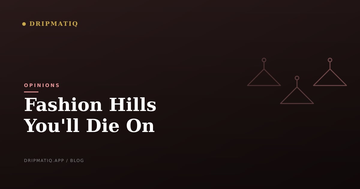 A dramatic flag planted on a hill made of folded clothes, representing strong fashion opinions