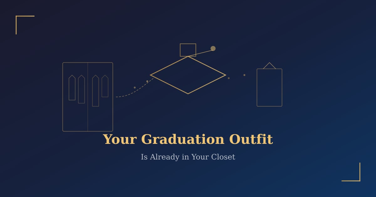 Graduation cap silhouette with wardrobe pieces flowing toward it, dark navy background with gold accents