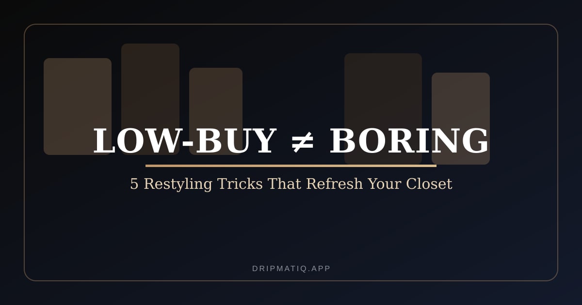 Dark editorial card reading low-buy not boring with abstract wardrobe graphics