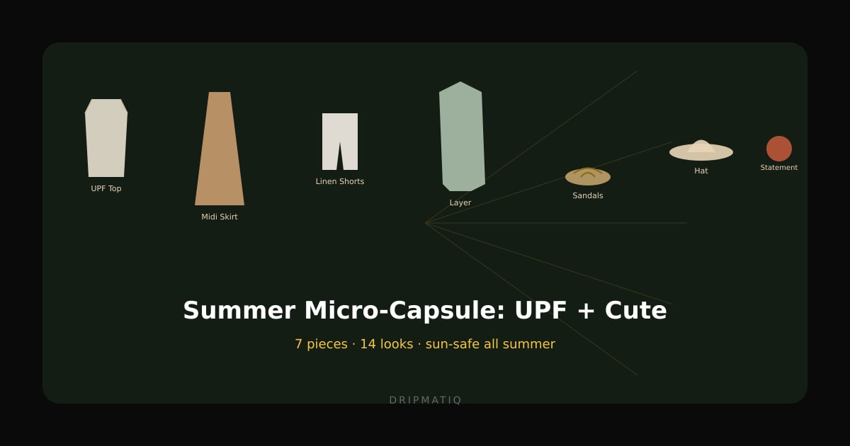 Flat lay of 7 summer wardrobe pieces with UPF swim top, skirt, lightweight layer, and neutral sandals