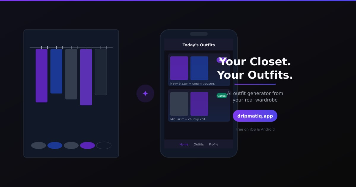 A phone screen showing AI-generated outfit combinations beside a real open closet