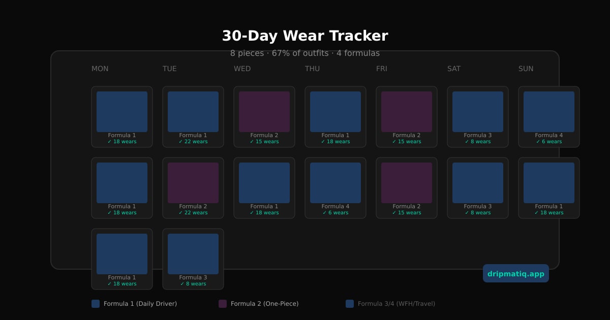 Calendar view with outfit photos pinned to each day, color-coded by formula, Dripmatiq app badge