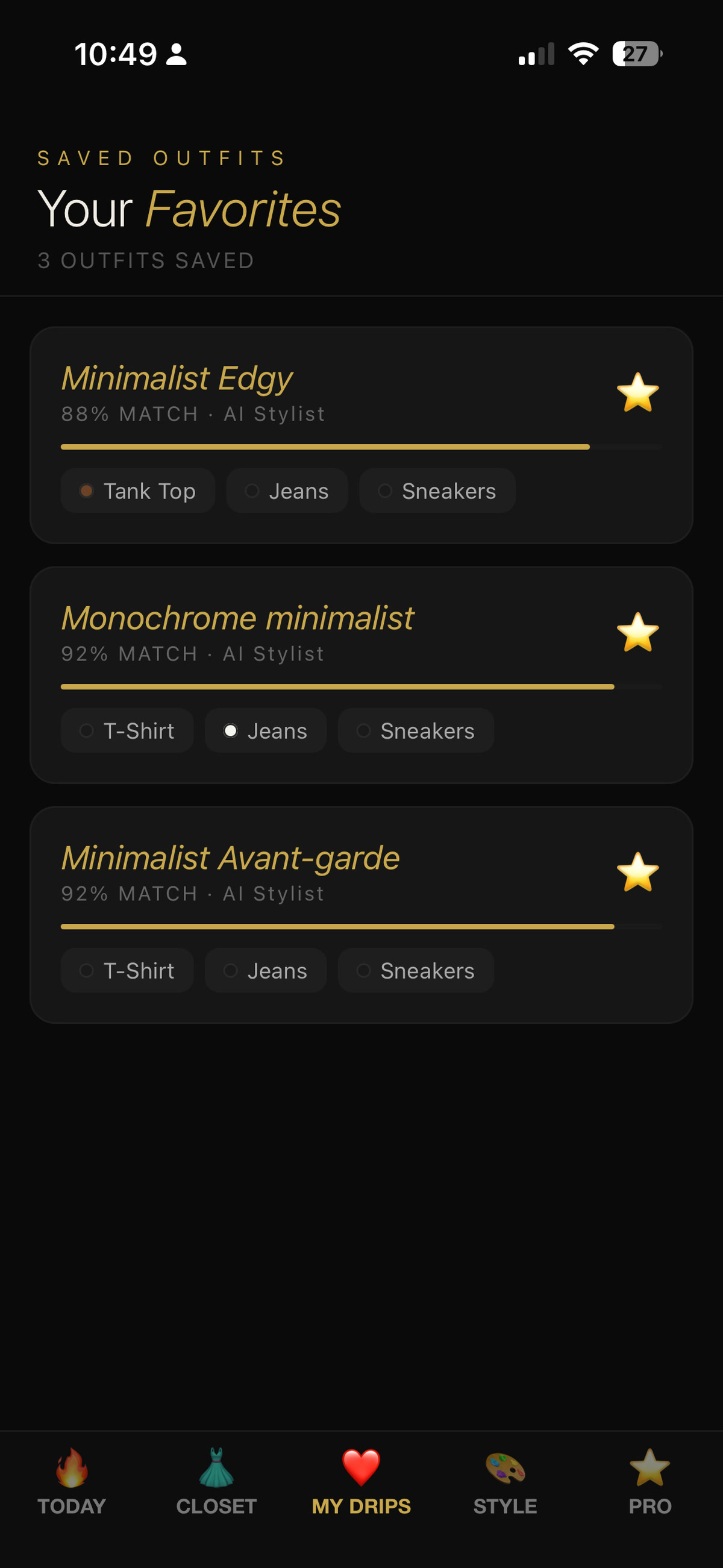 Your Favorites screen listing saved outfits with match percentages and starred status